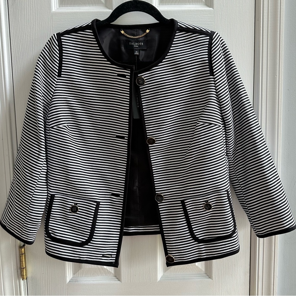 Talbots Black White Striped Work Career Blazer Jacket Women’s New Size 4 Petite